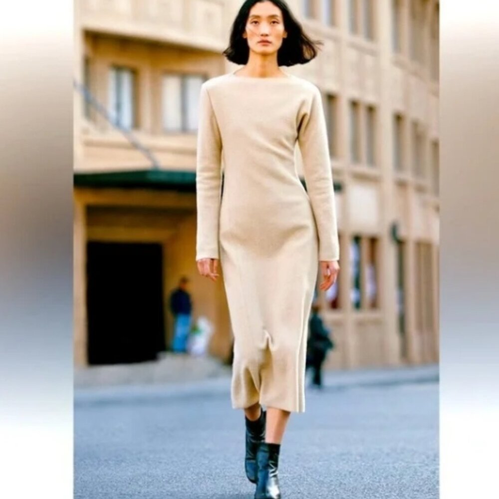 NWT LUXURIOUS GORGEOUS BEIGE BOUCLÉ 100% WOOL DRESS ZW COLLECTION